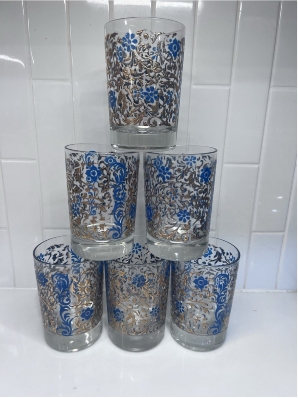 Vintage Tiffinware Blue & Gold Scroll Old Fashioned Rocks Glasses MCM Set Of 6